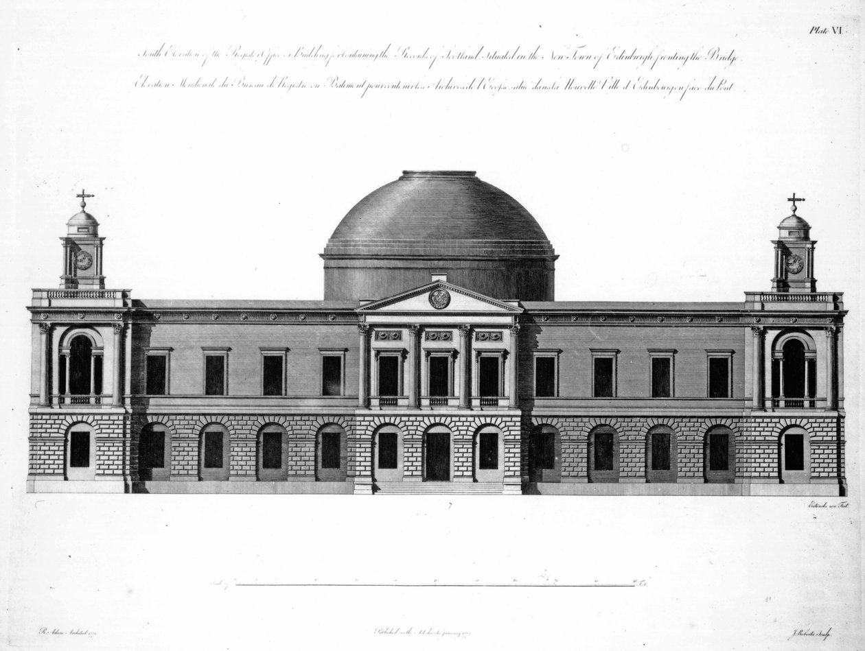 The South Elevation of Register House, Edinburgh, rytý J. Roberts, 1773 od Robert Adam