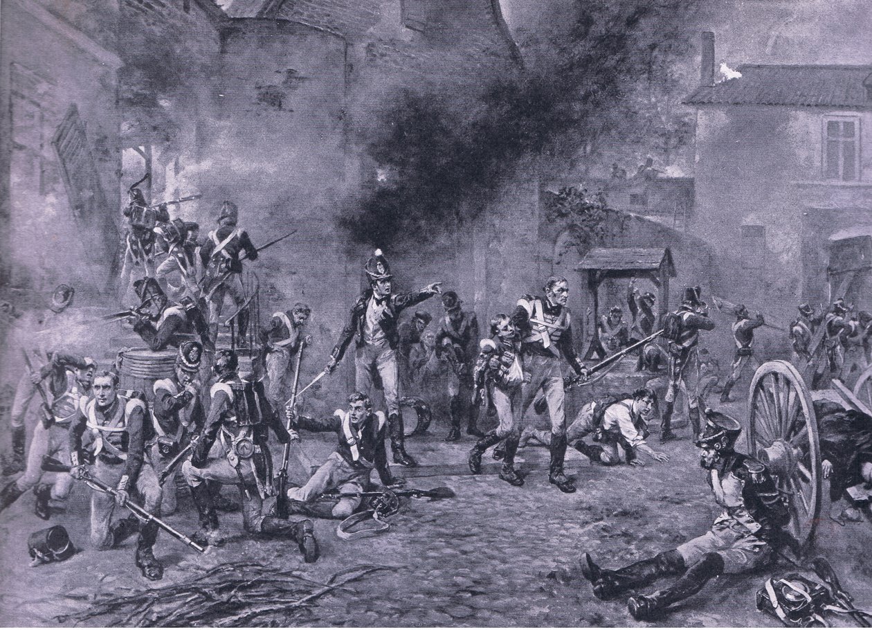 Obrana Hougoumontu 18. června 1815, ilustrace z britských bitev na souši a na moři, 1915 od Robert Alexander Hillingford