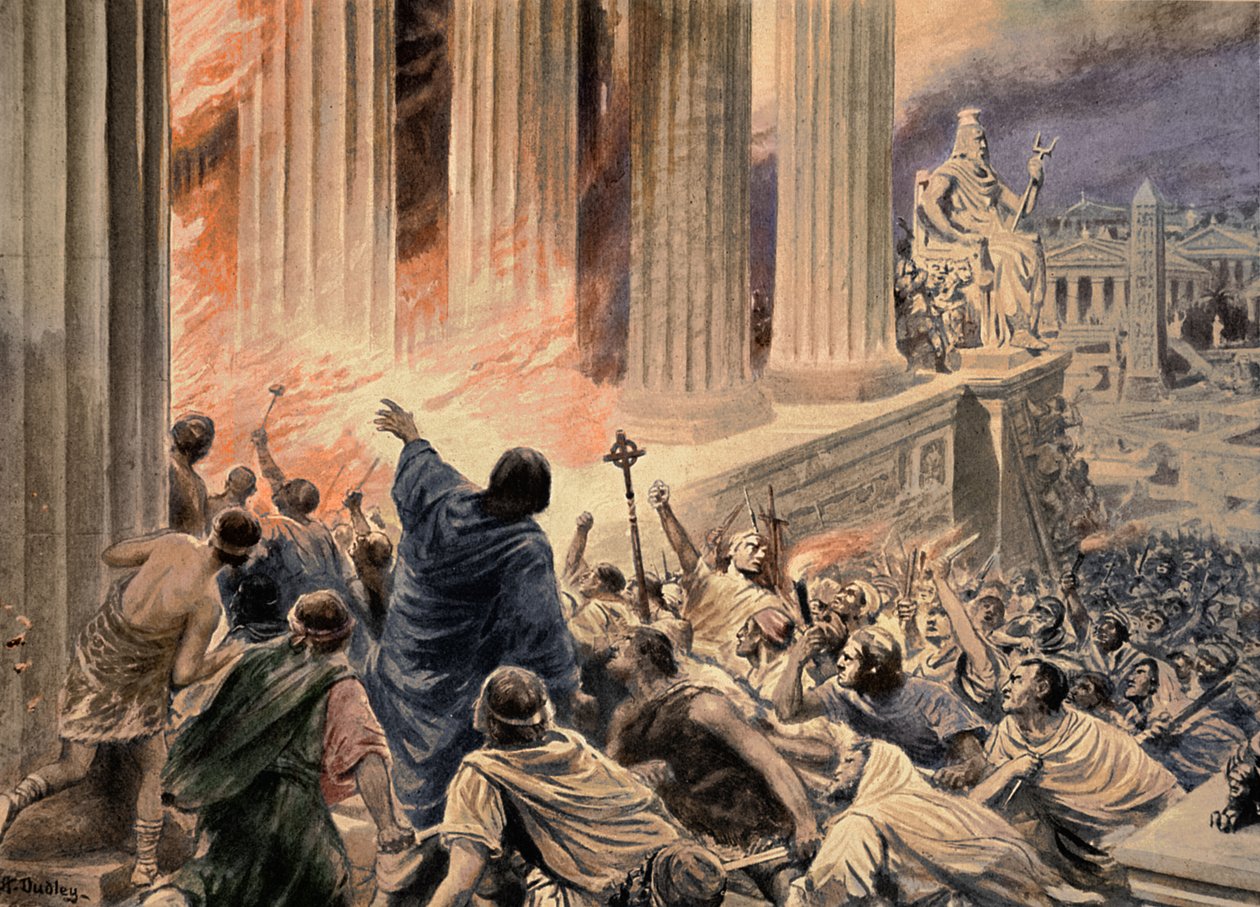 Spálení knihovny v Alexandrii v roce 391 našeho letopočtu, ilustrace z „Hutchinsonových dějin národů“, kolem roku 1910 (pozdější kolorování) (litho) od Robert Ambrose (after) Dudley