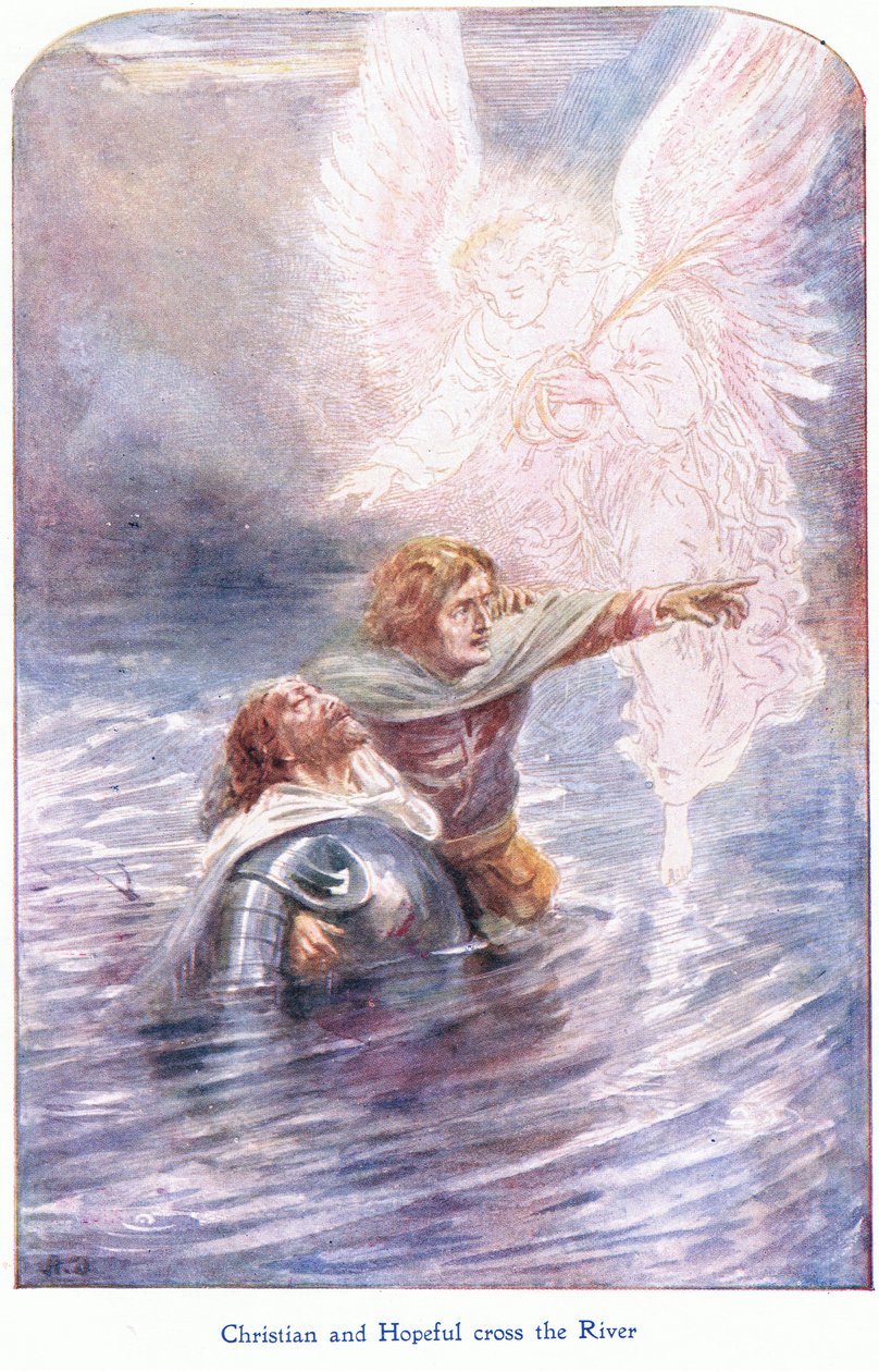Christian and Hopeful cross the river, z knihy The Pilgrims Progress vydané Johnem F. Shawem & Co, kolem 1900 (barevné lito) od Robert Ambrose Dudley