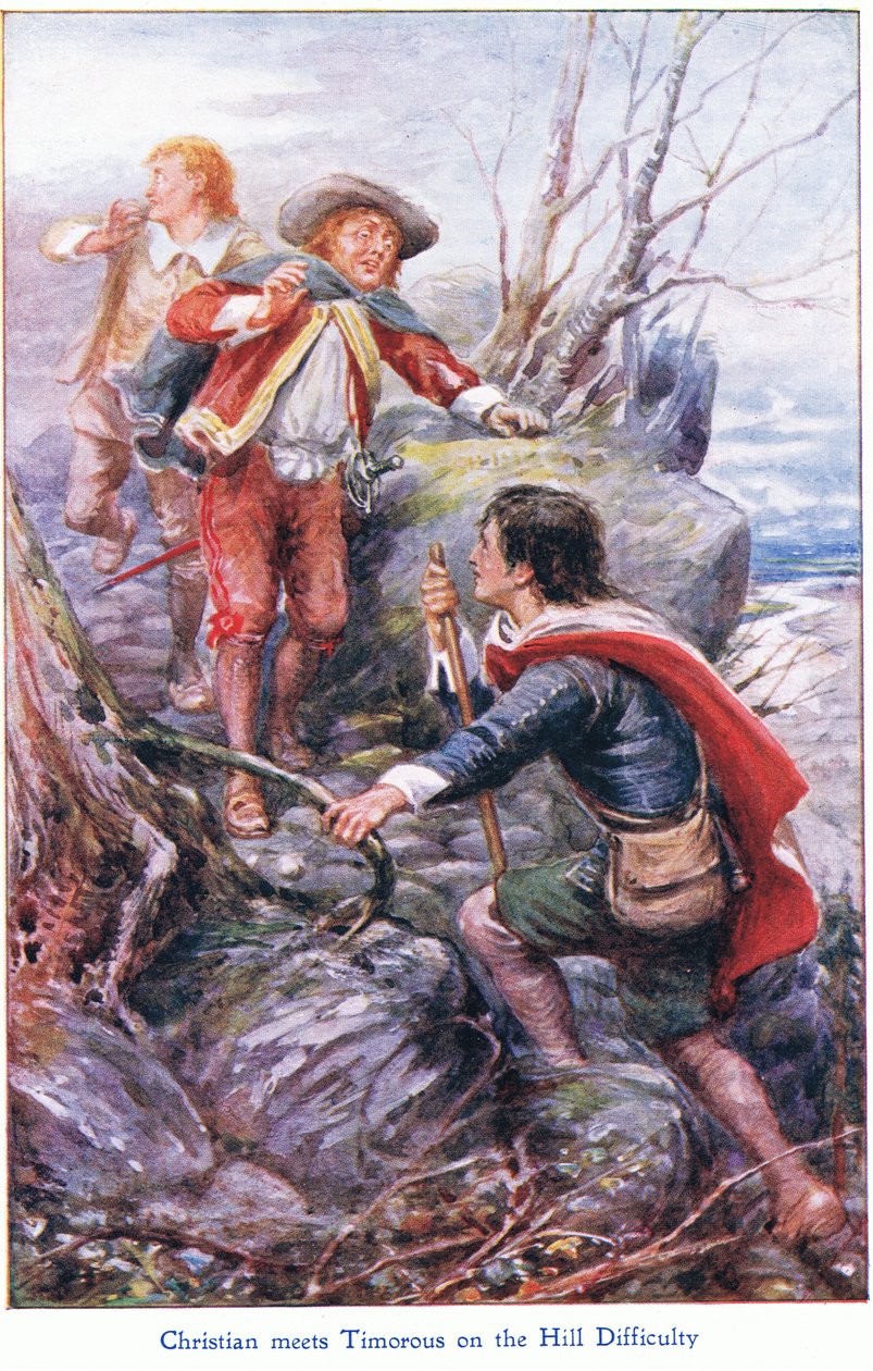 Christian se setkává s Timorousem na kopci obtíží, z knihy The Pilgrims Progress vydané Johnem F Shawem & Co, kolem 1900 (barevné lito) od Robert Ambrose Dudley