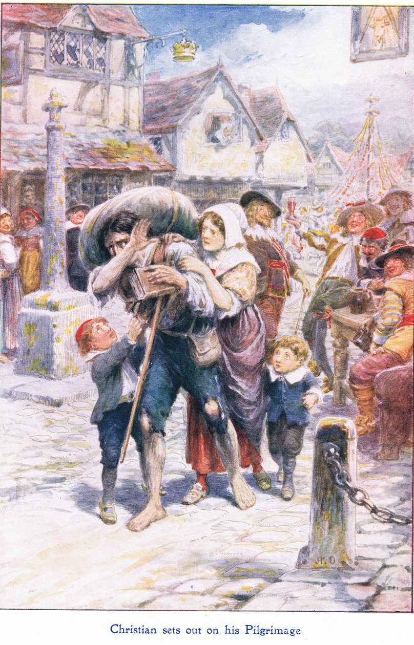 Christian se vydává na svou pouť z knihy The Pilgrims Progress vydané nakladatelstvím John F Shaw & Co, kolem 1900 (barevné lito) od Robert Ambrose Dudley