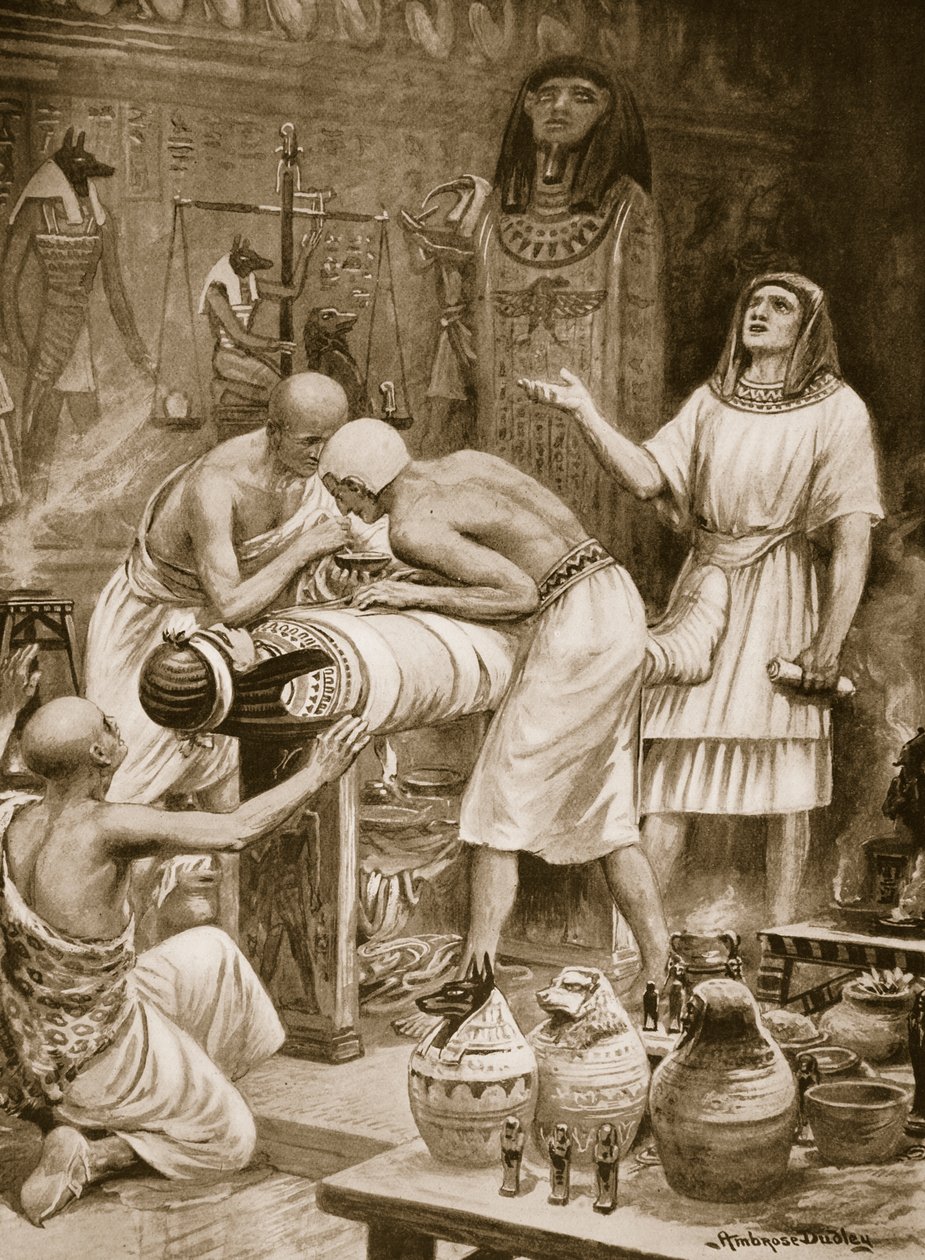 Balzamování mrtvých, ilustrace z „Hutchinsonovy historie národů“, kolem roku 1910 (litho) od Robert Ambrose Dudley