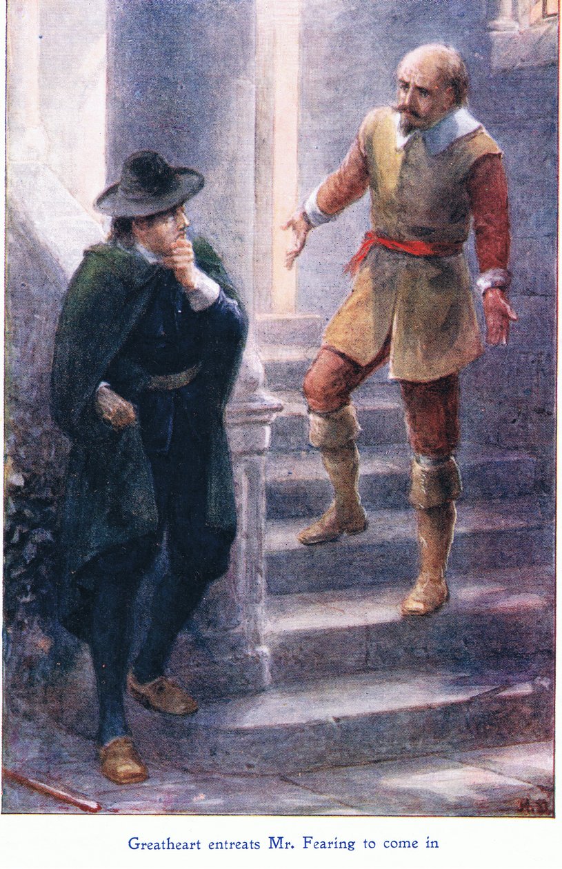 Great Heart žádá pana Fearinga, aby přišel, z The Pilgrims Progress vydané Johnem F. Shawem & Co, kolem 1900 (barevné lito) od Robert Ambrose Dudley