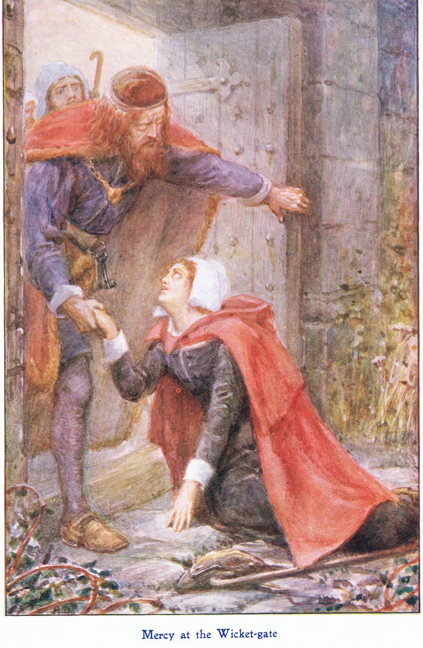 Mercy at the Wicker Gate, z knihy The Pilgrims Progress vydané Johnem F. Shawem & Co, kolem 1900 (barevné lito) od Robert Ambrose Dudley