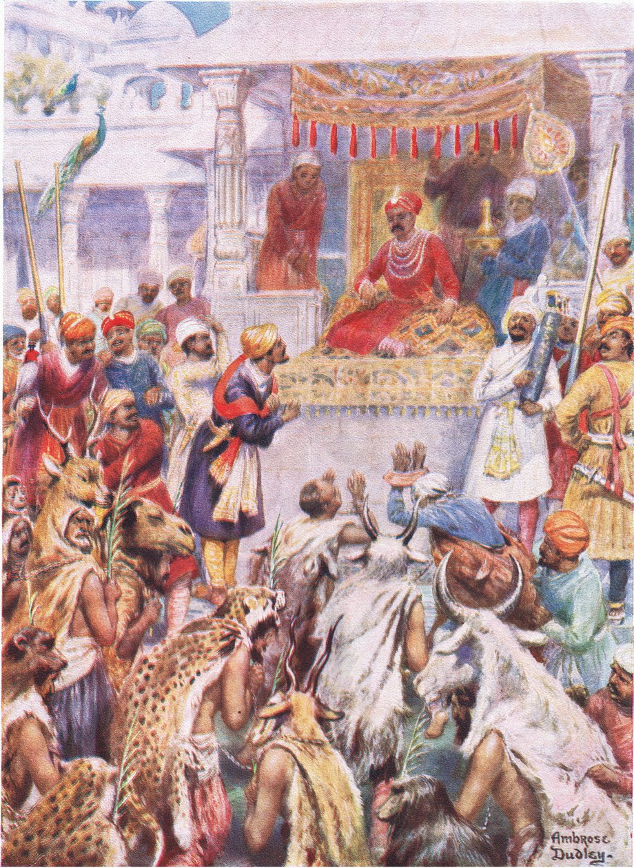 Khan Jahan ukazuje Akbarovi své knížecí zajatce (barva litho) od Robert Ambrose Dudley
