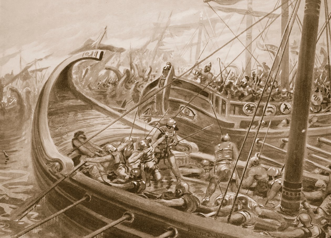 Phocaenská flotila poráží Kartagince, ilustrace z „Hutchinsonových dějin národů“, kolem 1910-15 (litho) od Robert Ambrose Dudley
