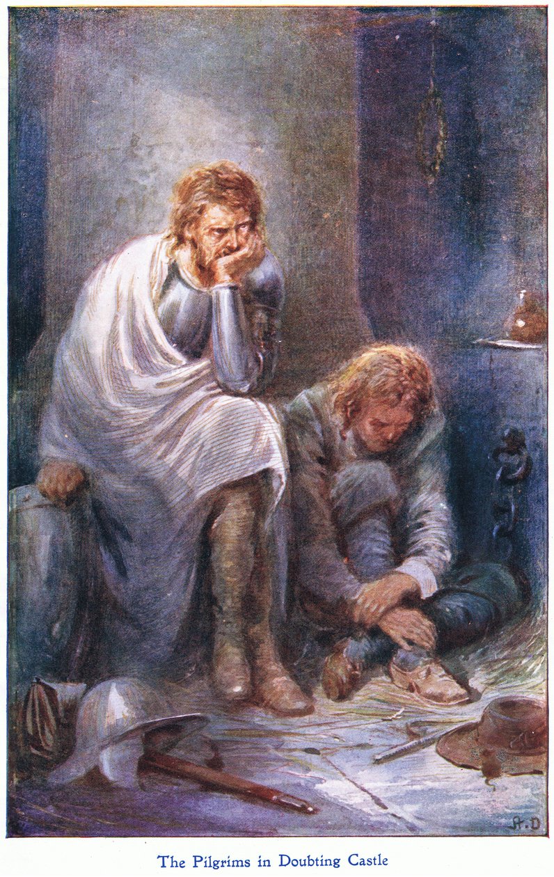 The Pilgrims in Doubting Castle, od The Pilgrims Progress vydané Johnem F. Shawem & Co, kolem 1900 (barevné lito) od Robert Ambrose Dudley