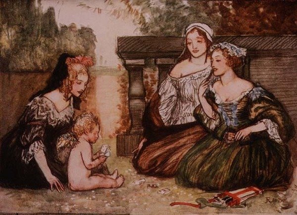 Amor a můj Campaspe hrají v kartách o polibky, z Palgravovy Zlaté pokladnice, vydané 1907 (barevná litografie) od Robert Anning Bell
