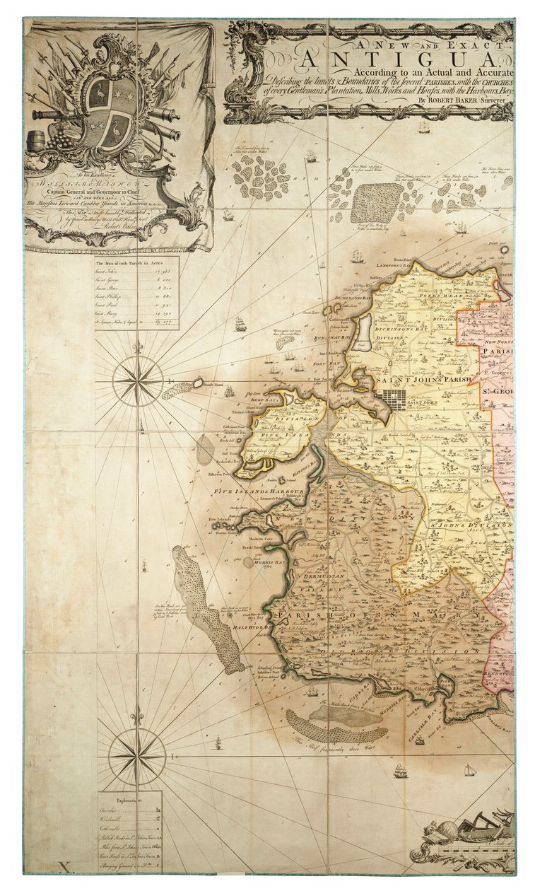 Nová a přesná mapa ostrova Antigua v Americe podle průzkumu provedeného v letech 1746-1748, asi 1749 (kolorovaná rytina) od Robert Baker