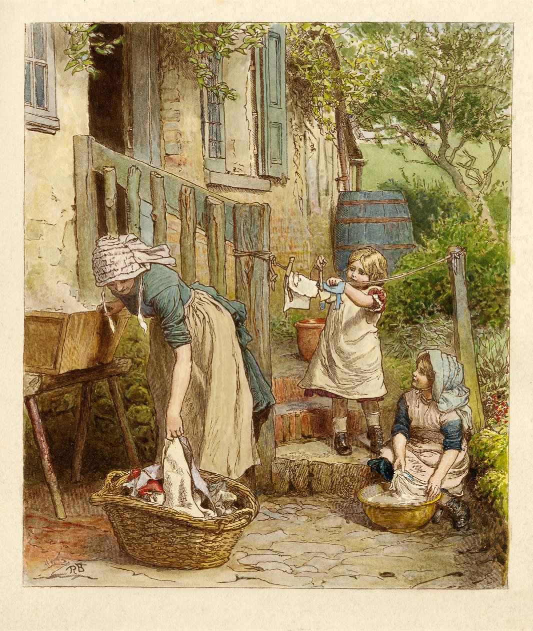 Matka a děti vyvěšují pračku, hospoda. 1854 od Robert Barnes