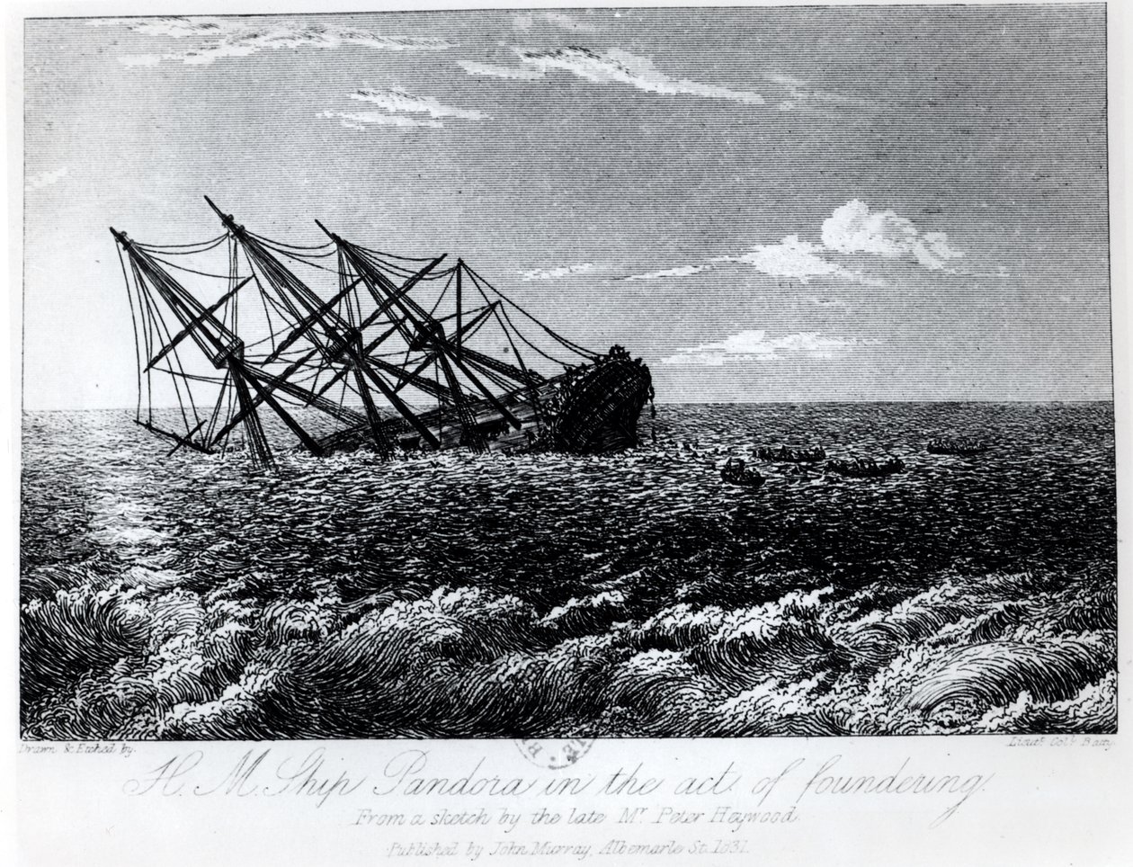 H.M. Zakládající Pandora, z Pohnuté historie vzpoury a pirátského zabavení H.M.S. Bounty: její příčina a důsledky“ od Johna Barrowa, publikoval John Murray v roce 1835 od Robert Batty