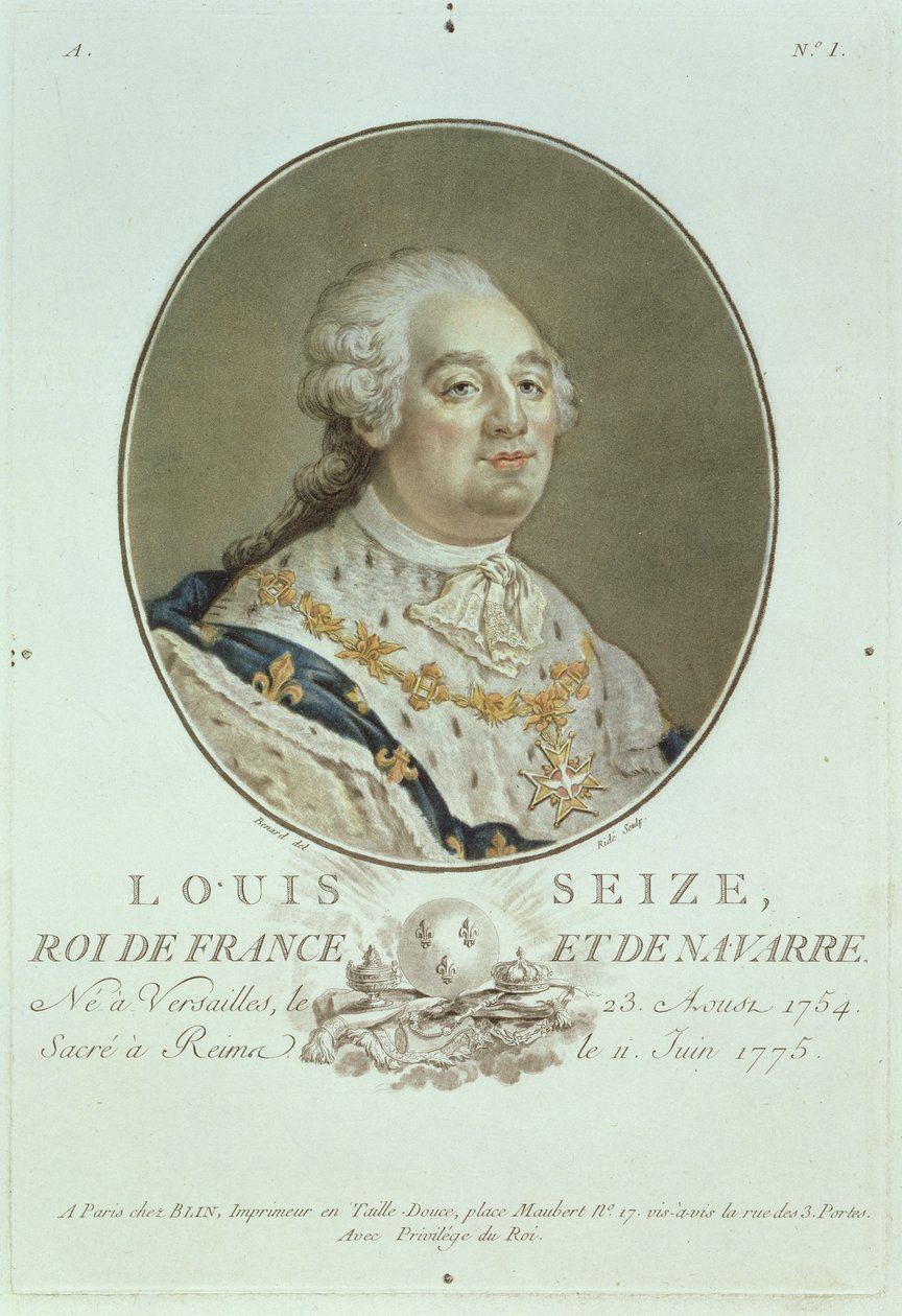 Portrét Ludvíka XVI. (1754-93) z „Portraits des Grands Hommes Illustres“, vyrytý Ridem (ručně kolorovaná rytina) od Robert Benard