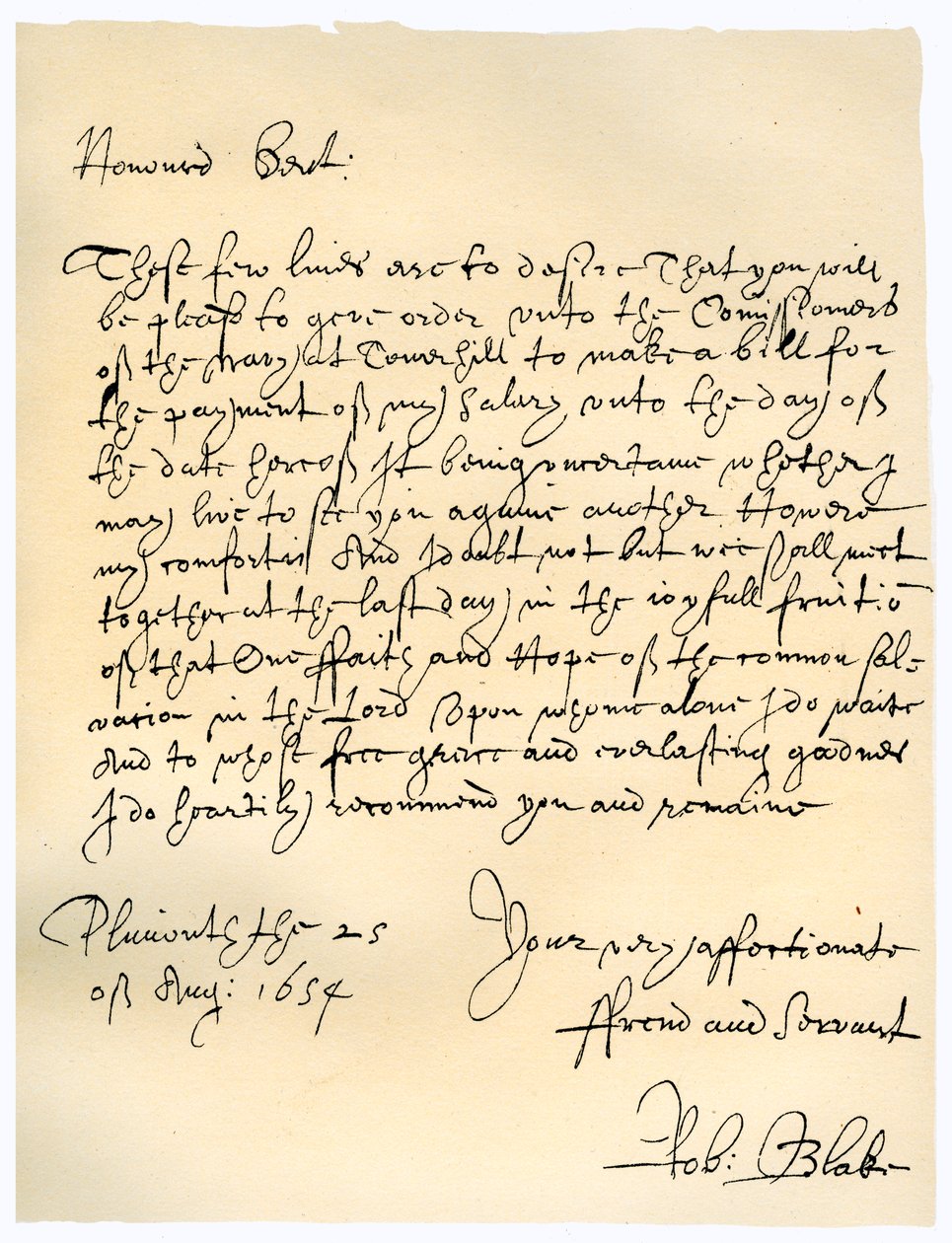 Dopis admirála Roberta Blakea komisařům admirality, 25. srpna 1654. od Robert Blake