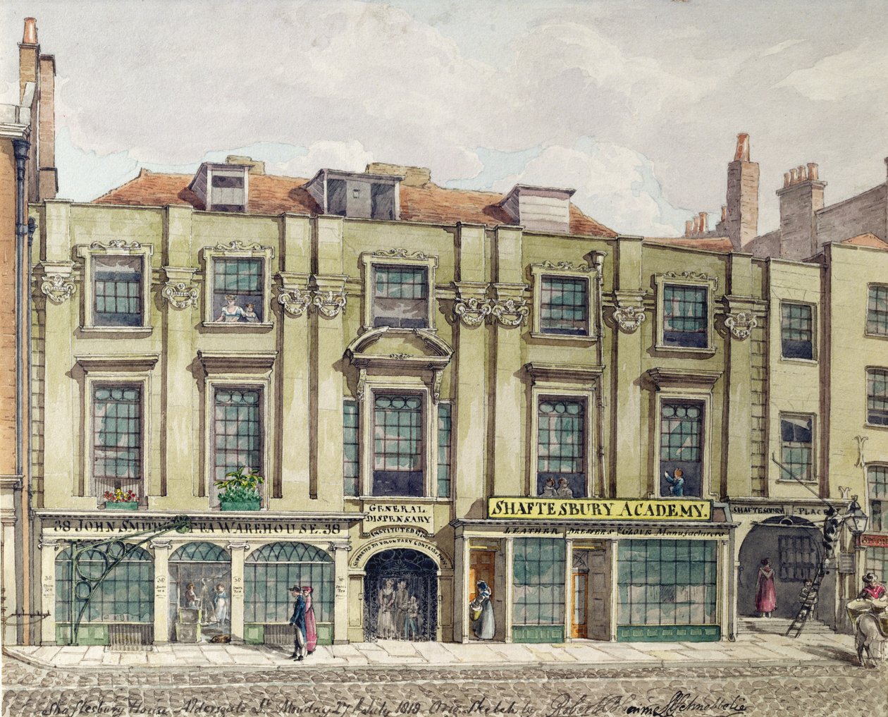 Shaftesbury House, Aldersgate Street, Londýn, 1819 (náčrt wc) od Robert Blemell Schnebbelie