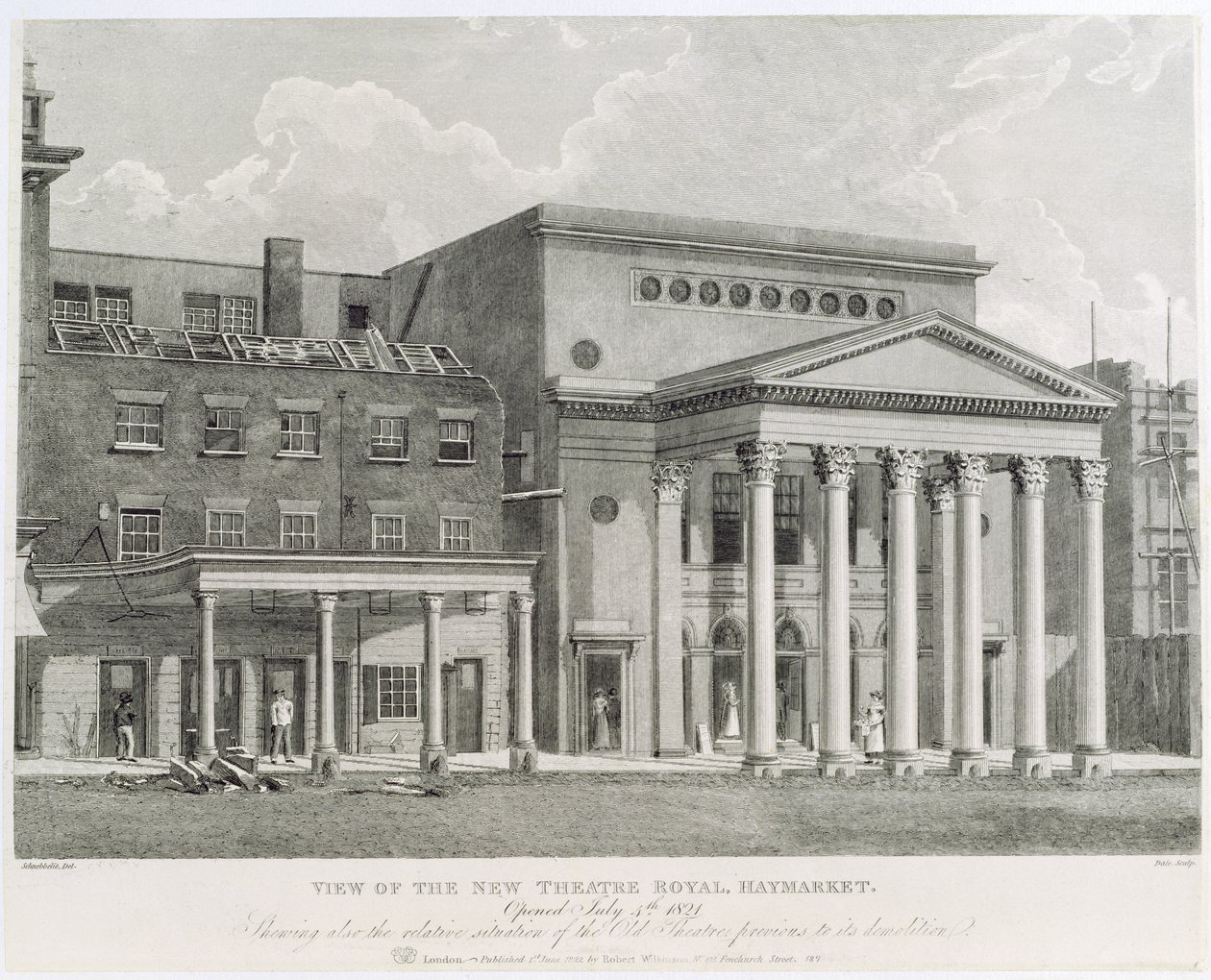 Pohled na nové divadlo Royal, Haymarket, otevřeno 4. července 1821, ukazuje také relativní situaci starého divadla před jeho demolicí, vyryto Dale, 1822 od Robert Blemell Schnebbelie