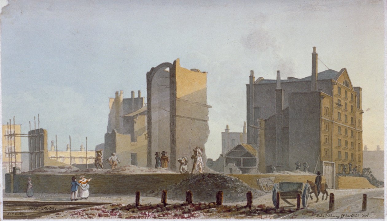 Zničená budova, Commercial Road, Stepney, Londýn, 1820 od Robert Blemmell Schnebbelie