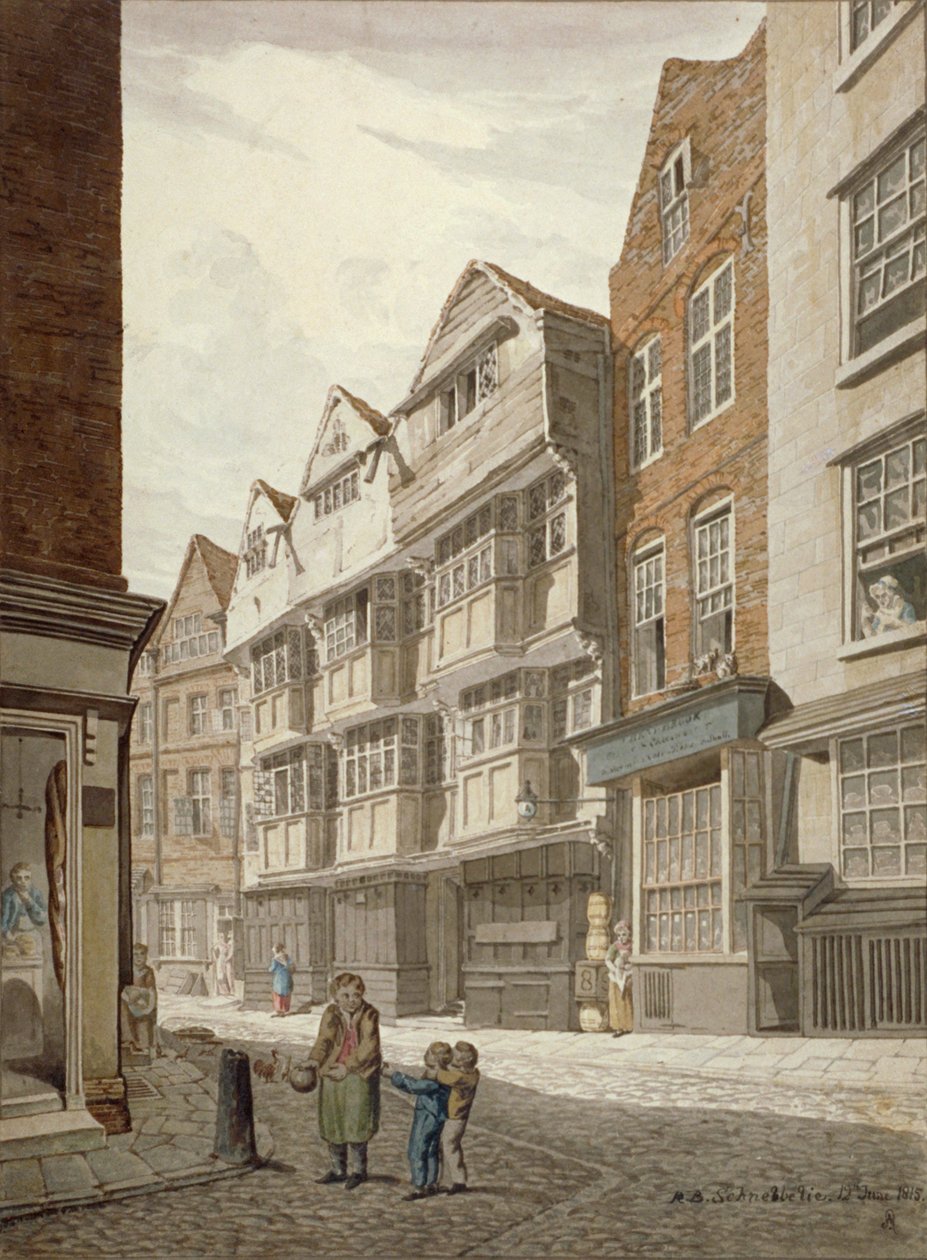 Jihozápadní pohled na starý roubený dům v Ship Yard, Westminster, Londýn, 1815 od Robert Blemmell Schnebbelie