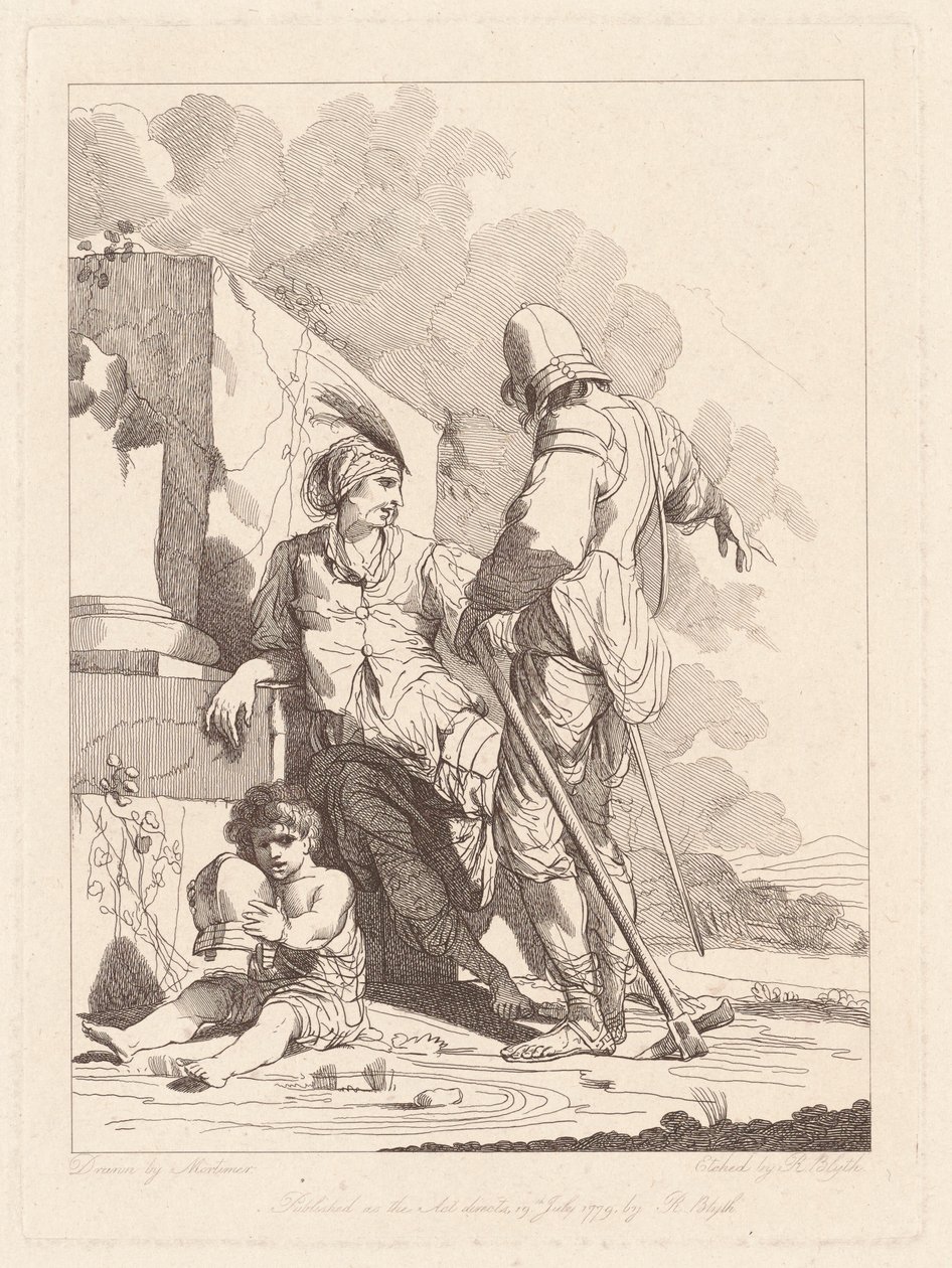 Dva vojáci a dítě drží helmu od Robert Blyth, after John Hamilton Mortimer