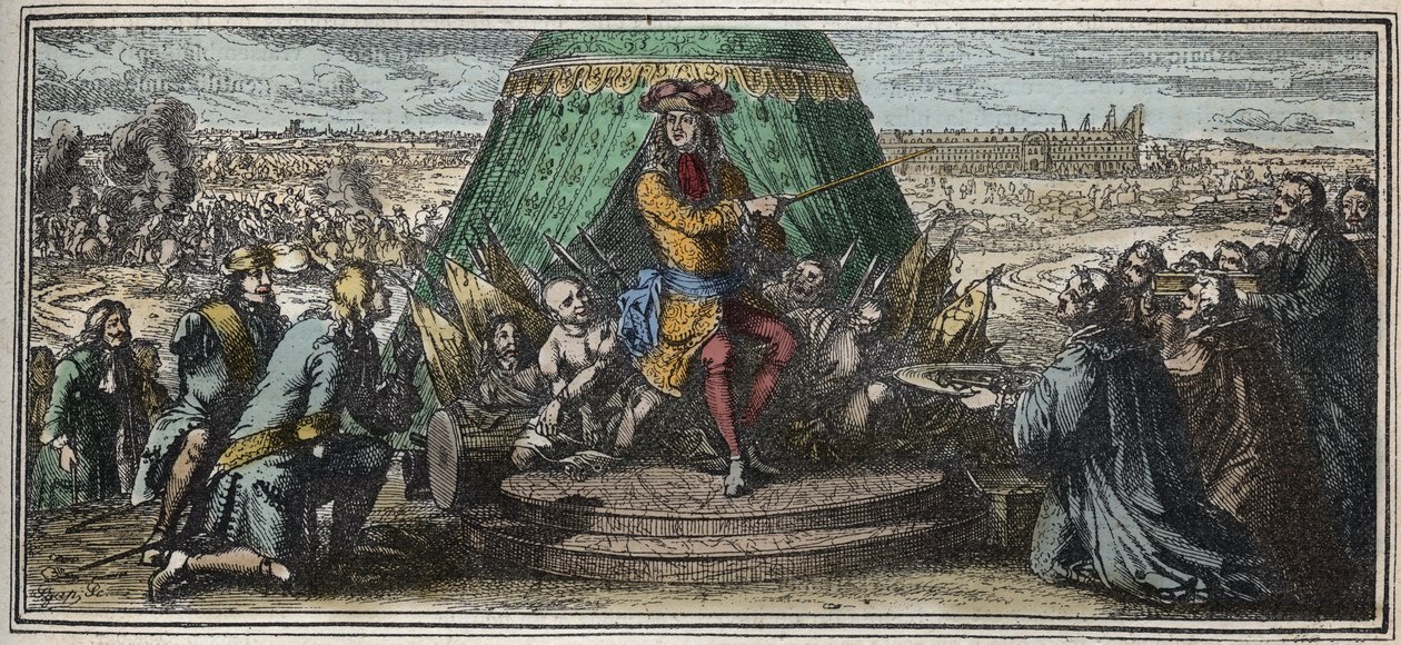 Stavba Invalidovny v roce 1670 - Alegorie založení hotelu des Invalides - Ludvík XIV. ukazuje svým starým zmrzačeným vojákům rozestavěný Hotel des Invalides rytina od Roberta Bonnarta (1652-1729) od Robert Bonnard