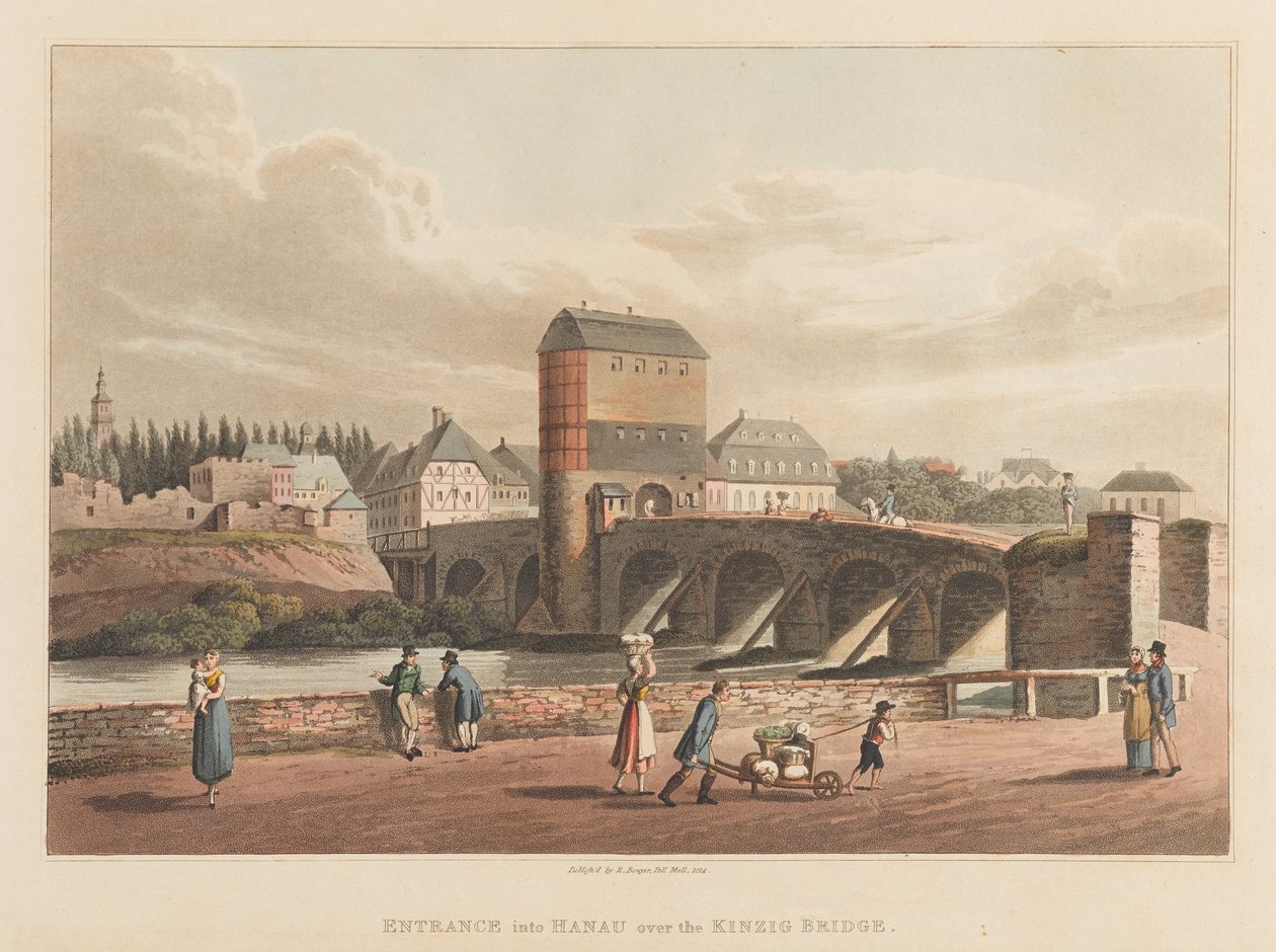Vjezd do Hanau přes Kinzigův most, 1814 (akvatinta) od Robert Bowyer