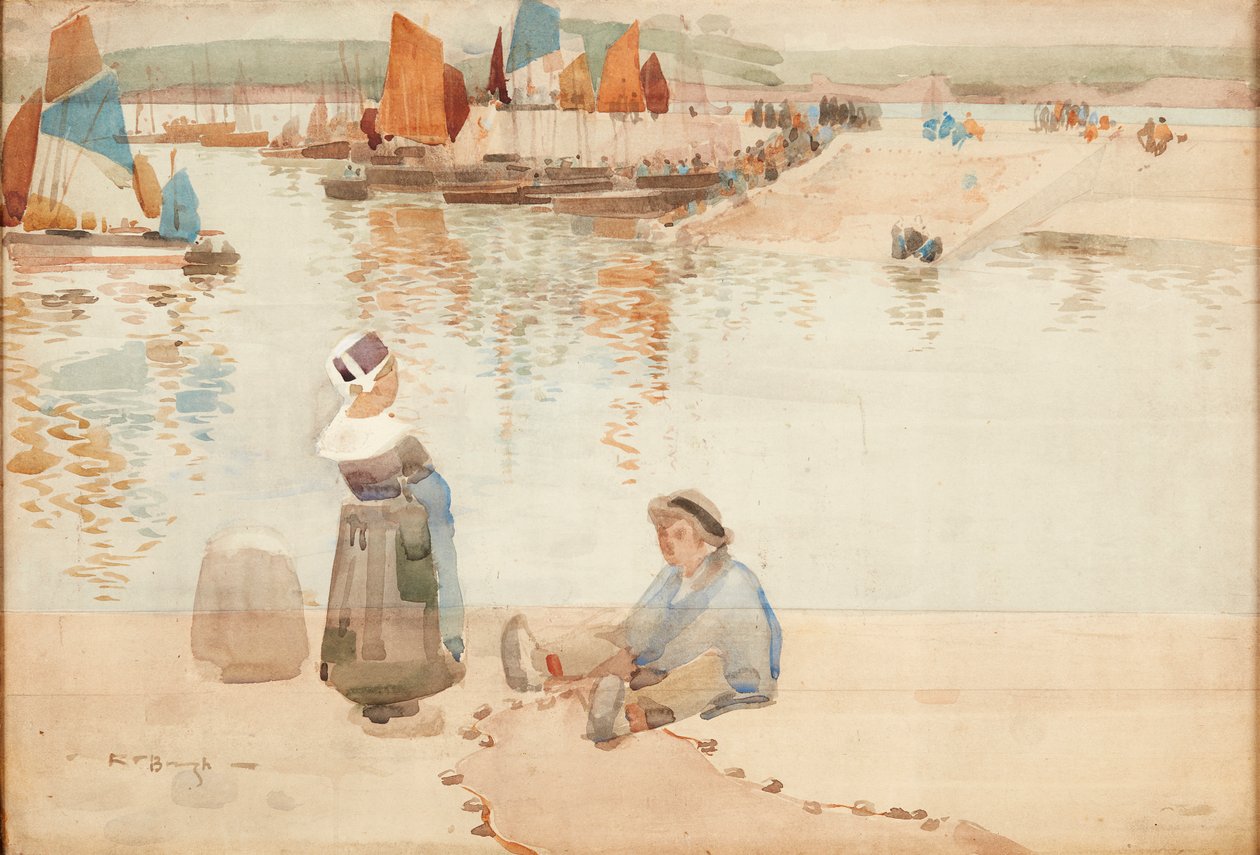 Postavy na Harbour Wall, Bretaň (akvarel) od Robert Brough
