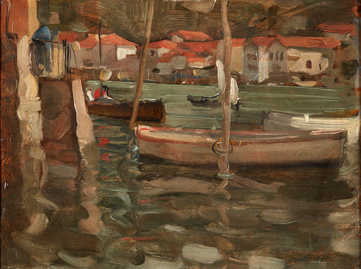 Veslice u přístaviště Harbour Quay, Concarneau (olej na panelu) od Robert Brough