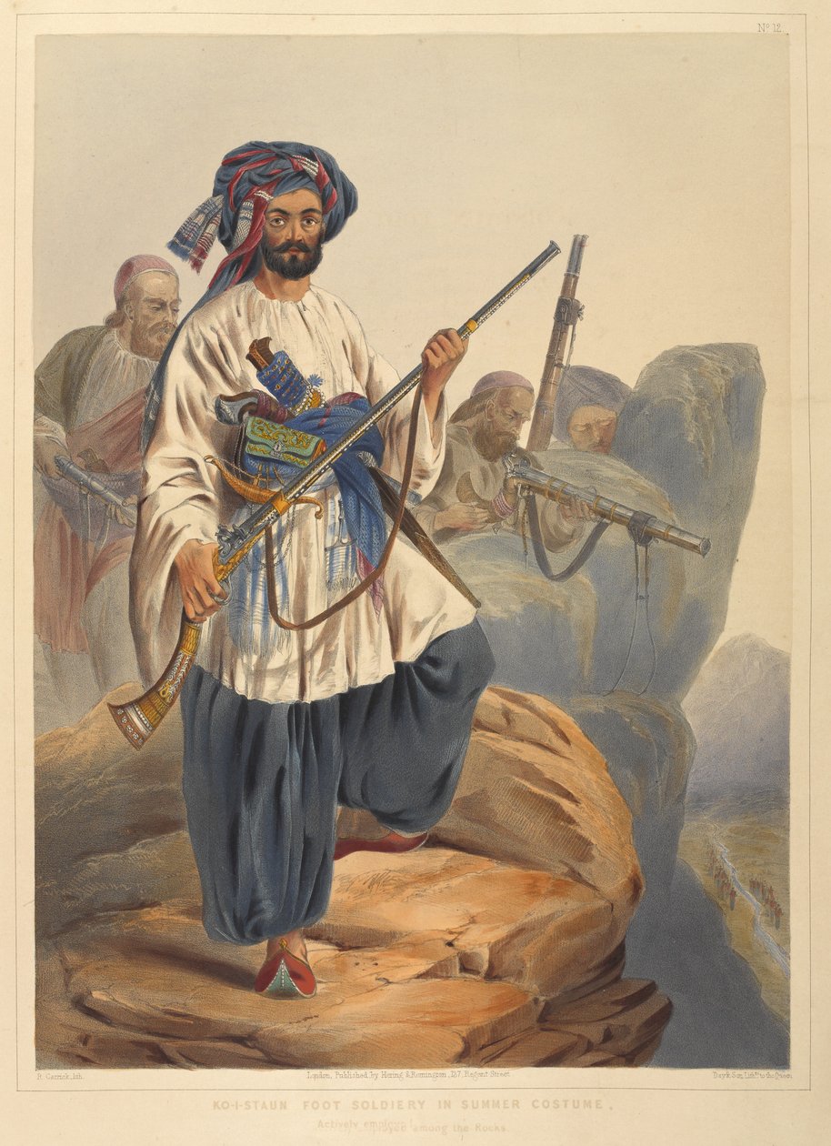 Ko-i-Staun pěšák v letním kostýmu, aktivně zaměstnán mezi skalami (barva litho) od Robert Carrick