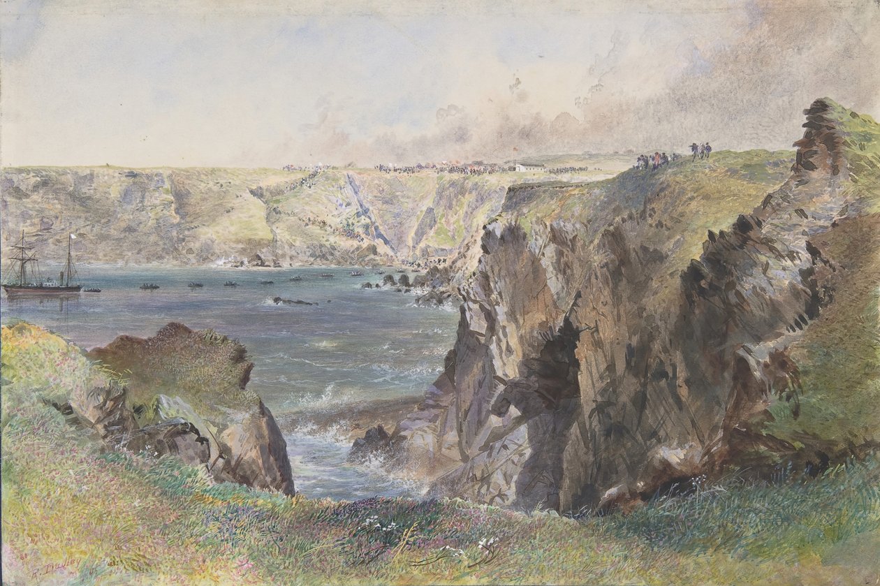 Foilhummerum Bay, Valentia, z Cromwell Fort: Caroline, která klade zemní drát 21. července 1865. od Robert Charles Dudley