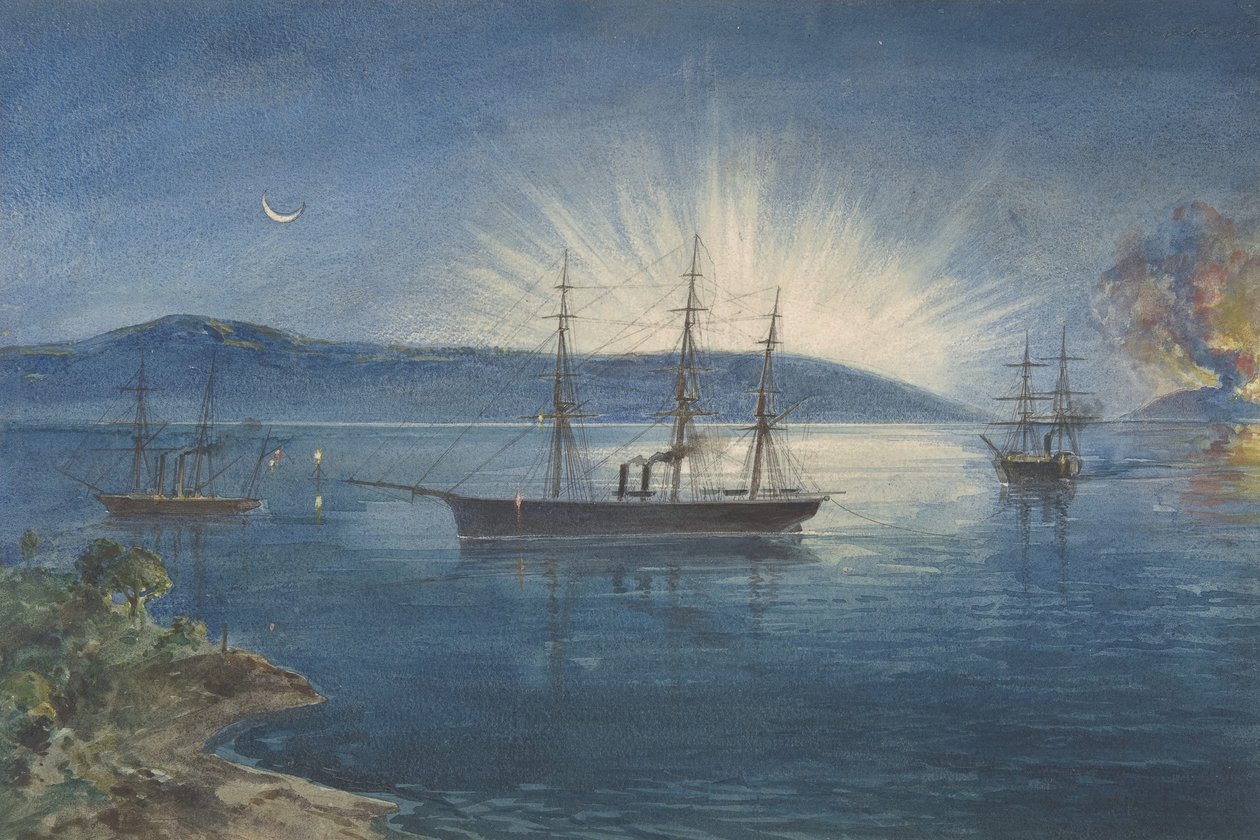Zátoka býčích zbraní, Trinity Bay, Newfoundland, Ohně zapálené na kopcích, aby informovaly..., 1865-66 od Robert Charles Dudley