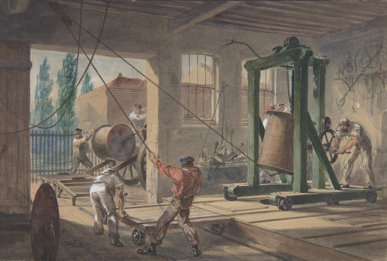 Kotouče vodicího drátu pokrytého gutaperčou dopravované do nádrží v továrně..., 1865-66. od Robert Charles Dudley