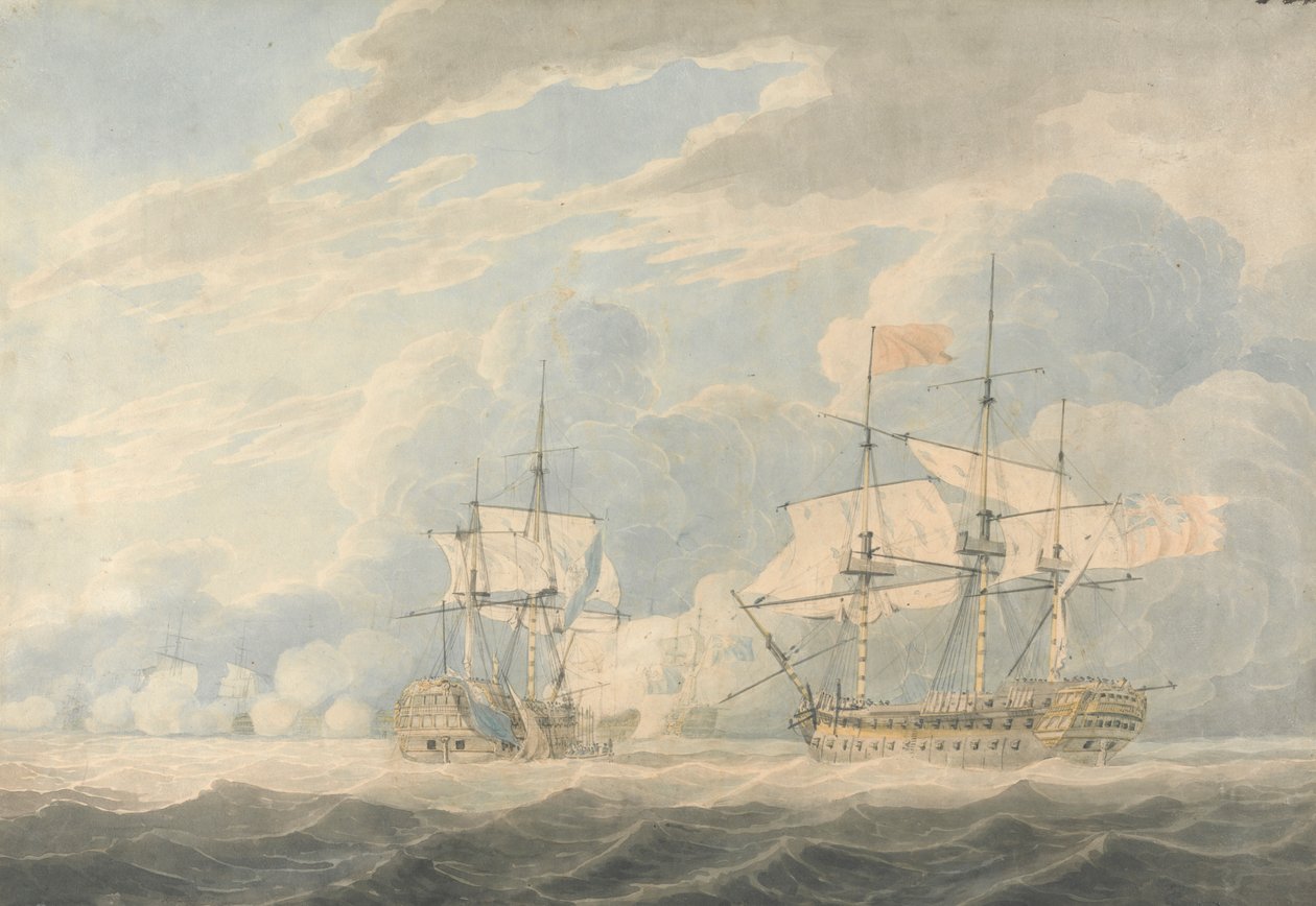 Nizozemský viceadmirál pod vedením admirála De Wintera udeří svou vlajkou anglickému viceadmirálu Onslowovi pod vedením admirála Duncana v bitvě u Camperdown, 11. října 1797 od Robert Cleveley