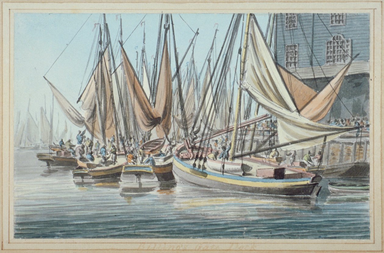 Pohled na přístaviště Billingsgate s loděmi na vodě, City of London, 1790. od Robert Clevely