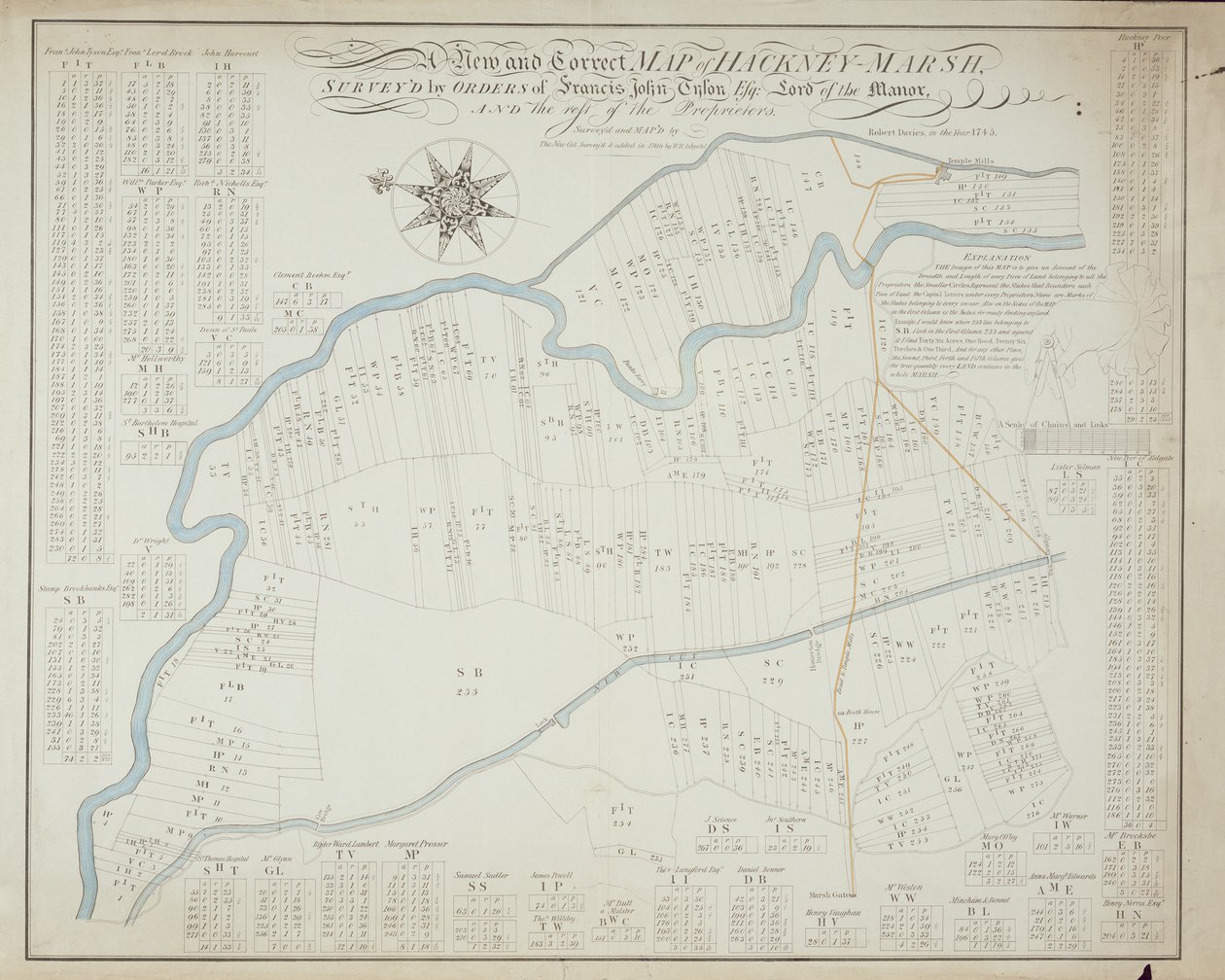 Nová a správná mapa Hackney Marsh, 1745 od Robert Davies