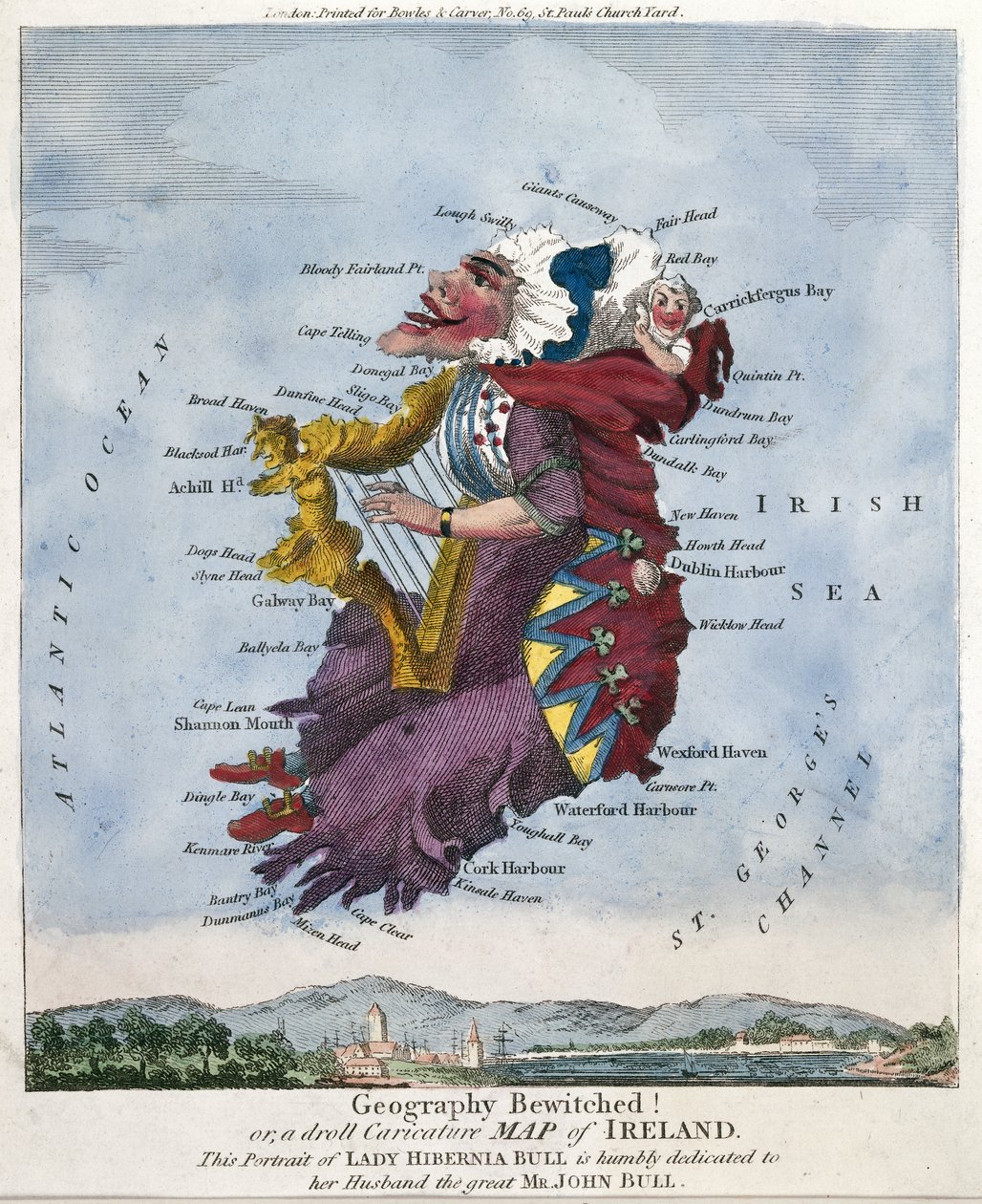 Geografie okouzlená! aneb dětská karikaturní mapa Irska. Tento portrét lady Hibernia Bull je pokorně věnován jejímu manželovi, skvělému panu Johnu Bullovi. [cca 1796] od Robert Dighton