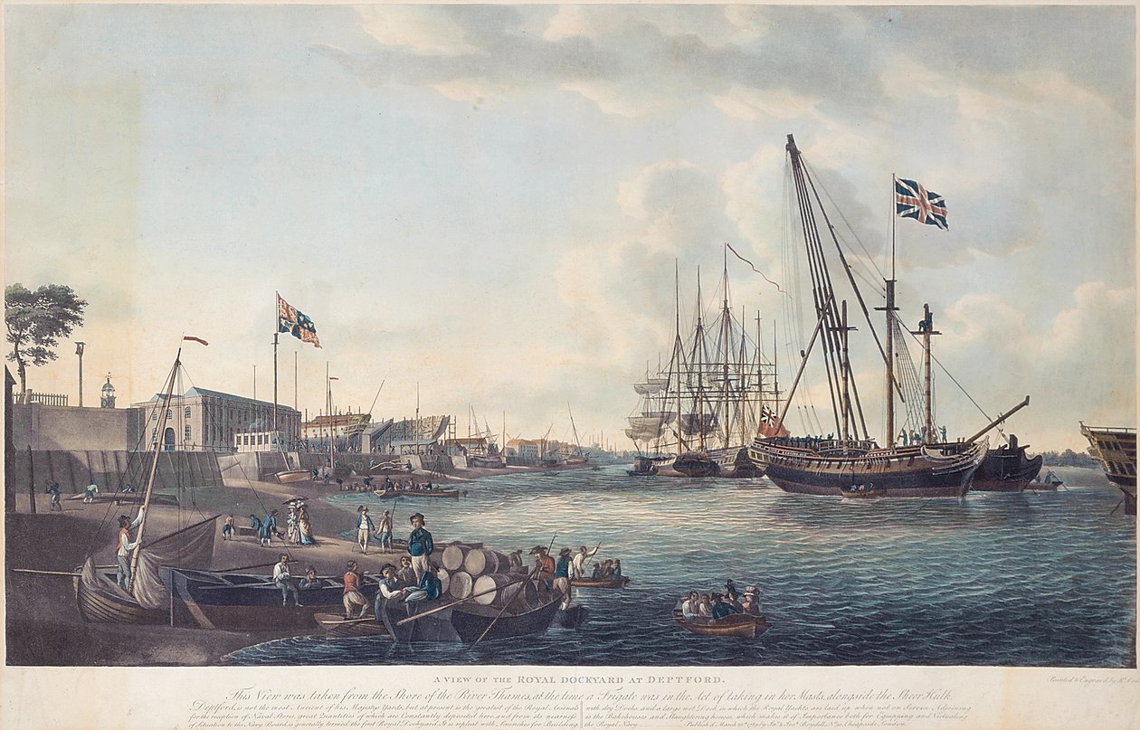 Pohled na Royal Dockyard v Deptfordu, c.1789 od Robert Dodd