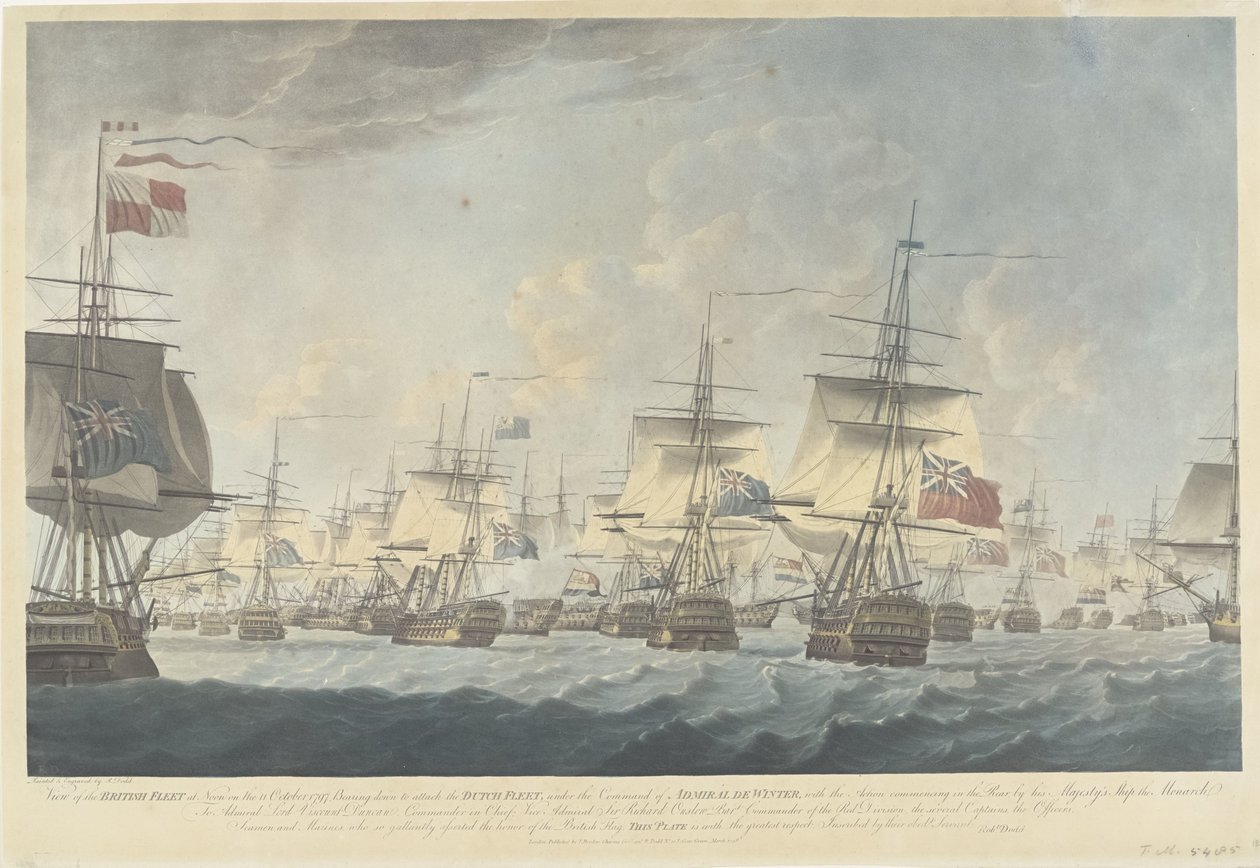 Bitva u Kamperduinu (1797): útok britské flotily Pohled na britskou flotilu v poledne 11. října 1797, směřující dolů k útoku na holandskou flotilu (...) (název předmětu) od Robert Dodd