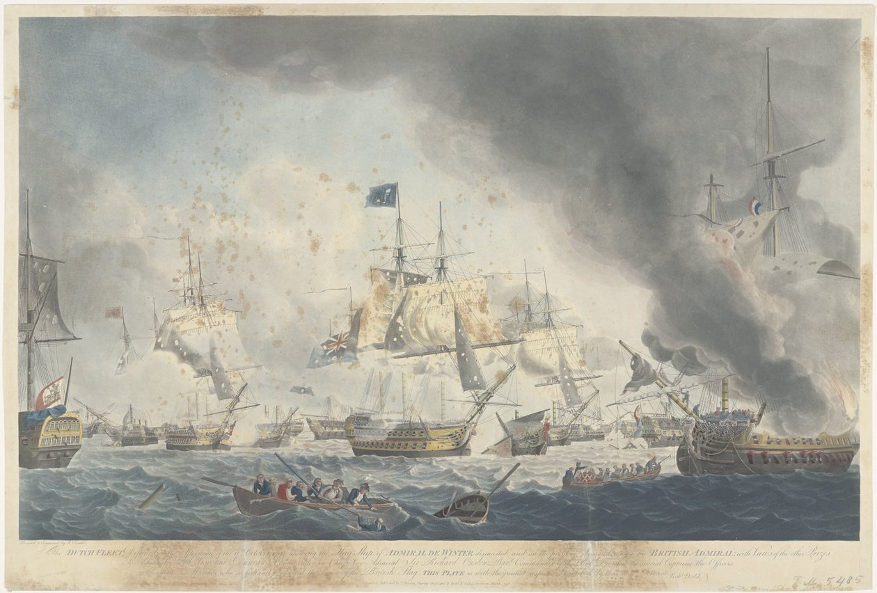Bitva u Kamperduinu (1797): porážka batávského loďstva Nizozemská flotila poražena odpoledne 11. října 1797 a ukázala vlajkovou loď admirála De Wintera zhroucenou (...) (název na předmětu) od Robert Dodd