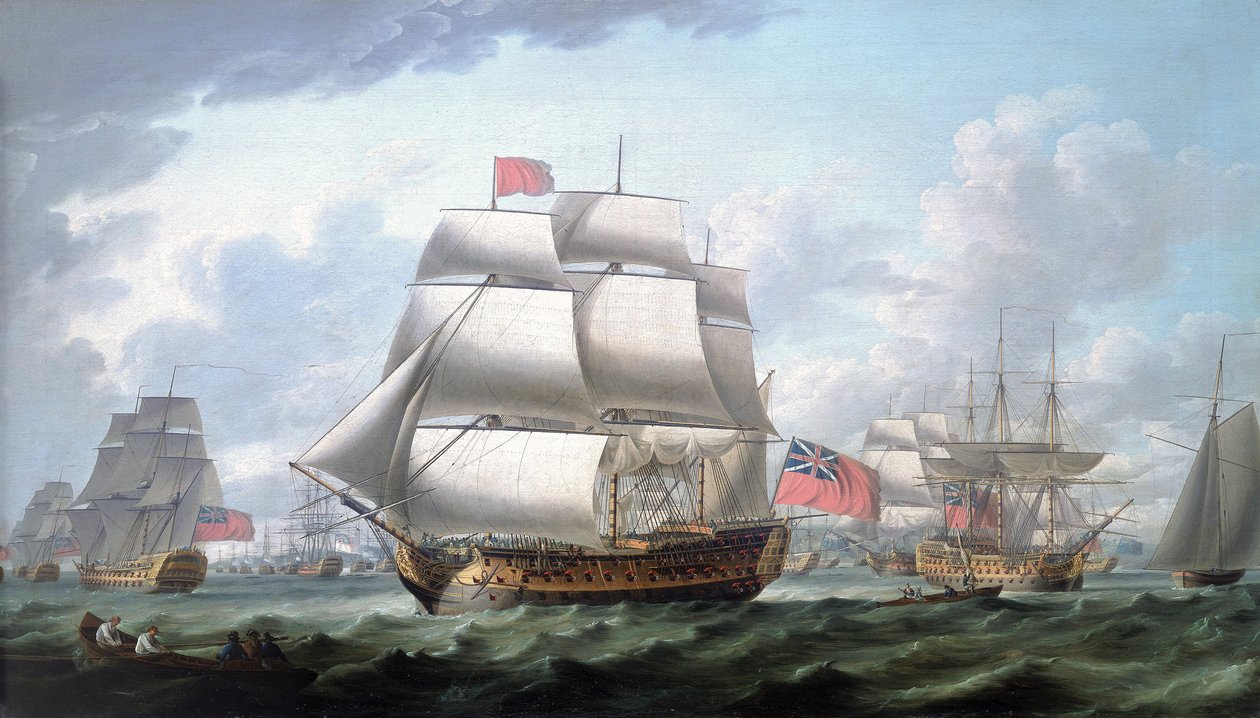 Loď "Victory" opouští Spithead (Anglie), má červenou vlajku a vlajku viceadmirála Rougese, po jeho pravici třístěžník identifikovaný jako "Queen Charlotte". od Robert Dodd