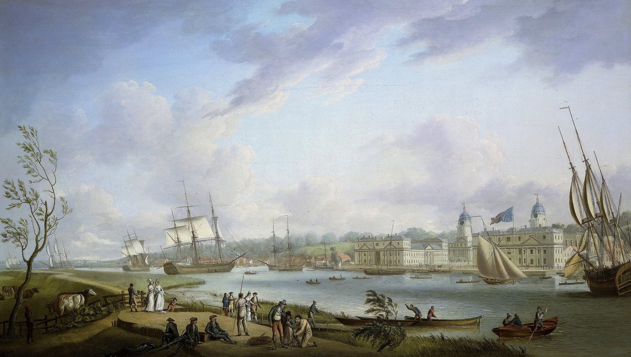 Pohled na Greenwich, popis Temže a činností na jejích březích, jakož i říční plavby s ohledem na význam přílivu a odlivu. Olej na plátně od Robert Dodd