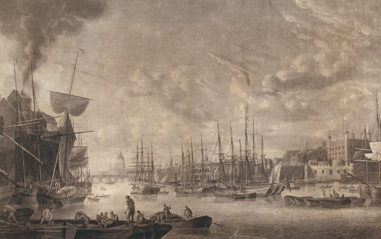 Pohled na London Bridge z lodi kotvící poblíž Tower of London, 1793 (akvatinta) od Robert Dodd