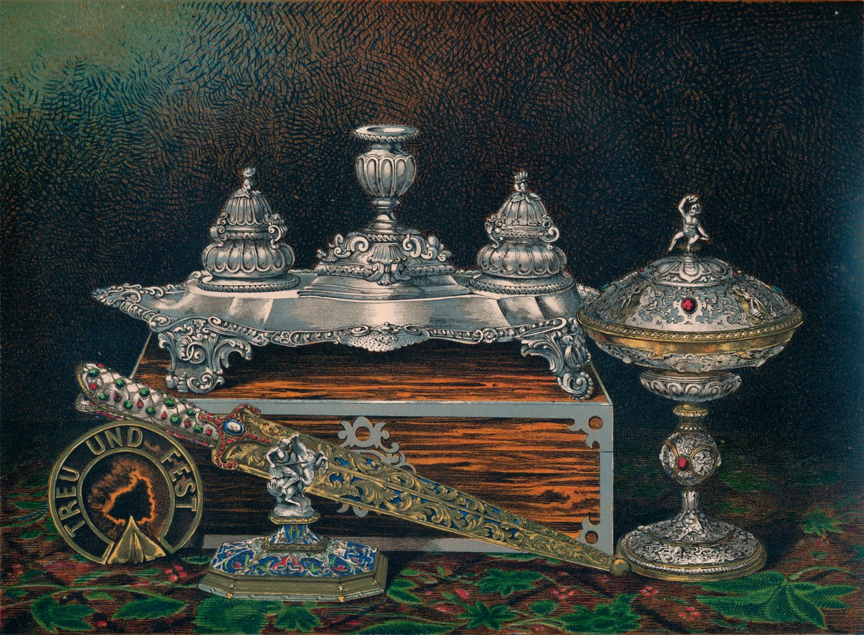 kalamář, váha papíru, lovecký nůž nebo dýka, krytá tazza, váha papíru, 1863 od Robert Dudley