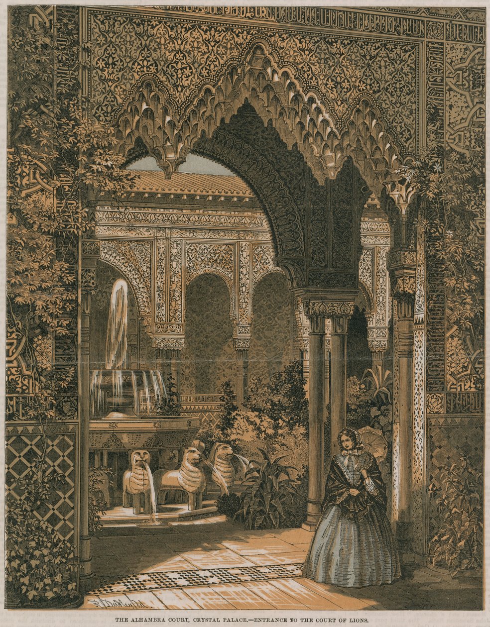 Dvůr Alhambra, Křišťálový palác; vchod do Lvího dvora (barevná litografie) od Robert Dudley