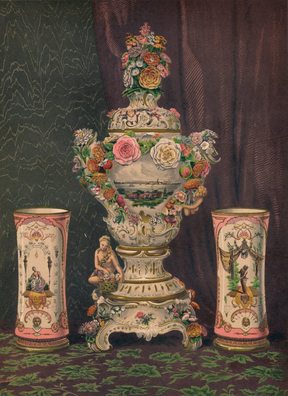 Váza drážďanského porcelánu a pár porcelánových kádinek, 1863. od Robert Dudley