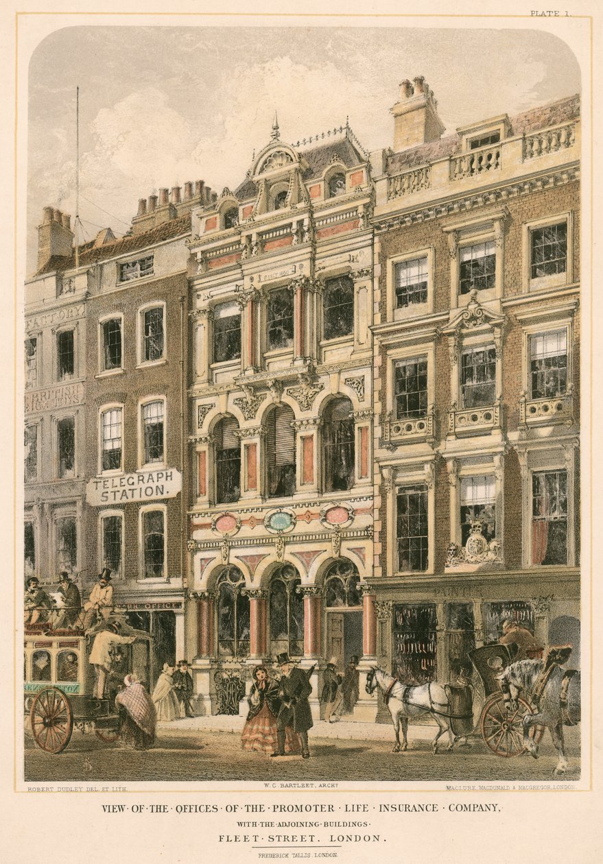 Pohled na kanceláře pojišťovny Promoter Life Insurance Company a přilehlé budovy, Fleet Street, Londýn (barevná litografie) od Robert Dudley