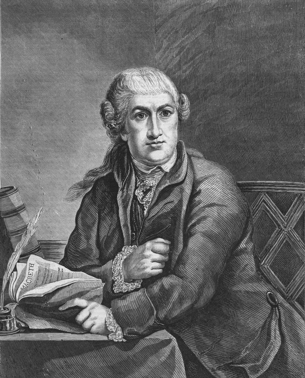 David Garrick britský herec (1717 - 1779) studující roli Shakespearova Macbetha; Rytina z 19. století podle obrazu Roberta-Edwarda Pinea. Kolekce Bianchetti. od Robert Edge (after) Pine
