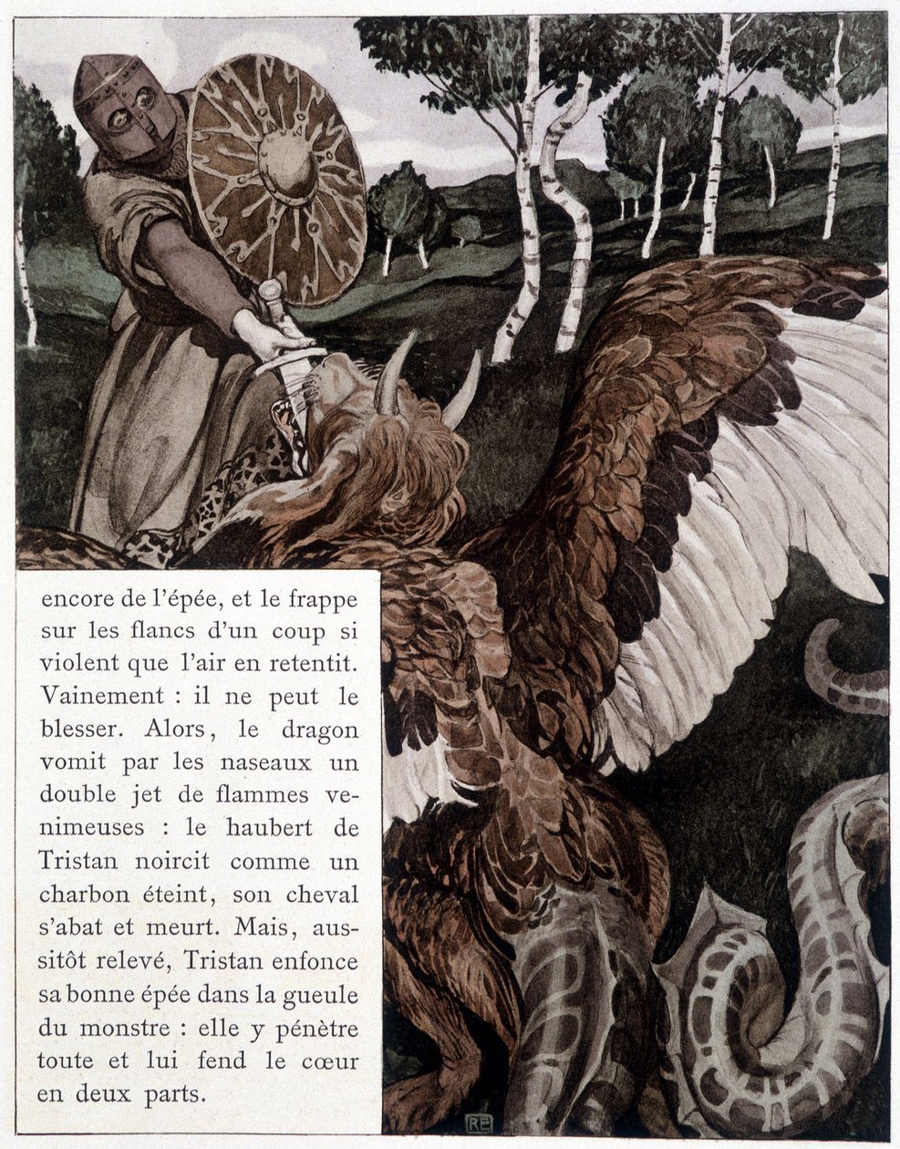 Tristan bojující s drakem – v „Říman od Tristana a Iseult“ od J. Bédiera, ilustrovaný Robertem Engelsem, Art Edition, Paříž od Robert Engels