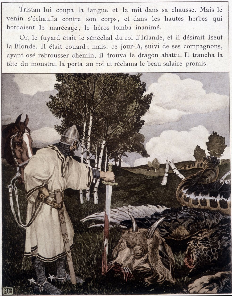 Tristan u mrtvého draka – v „“Le Roman de Tristan et Iseult““ od Bédiera ill. od Roberta Engelse, ed. umění, Paříž od Robert Engels