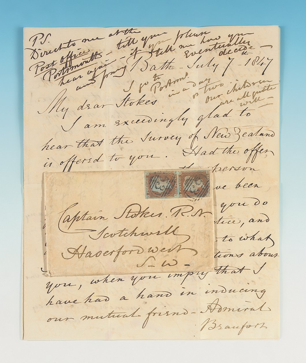 Autogram podepsaný Johnu Lortu Stokesovi, Bath, 7. července 1847 od Robert Fitzroy