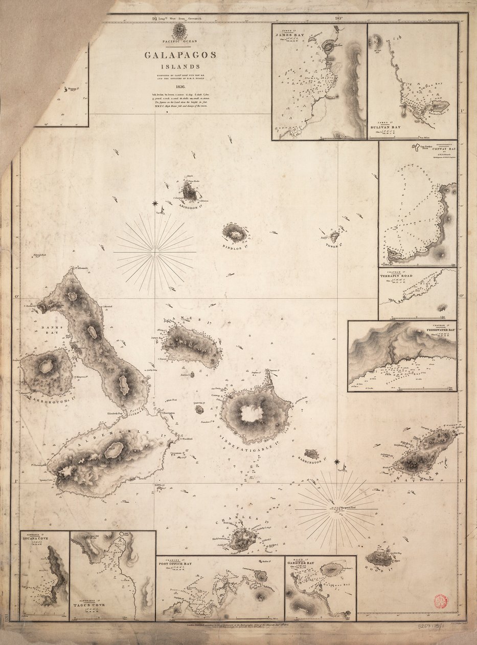 Mapa Galapážských ostrovů prozkoumaných během plavby lodi HMS 